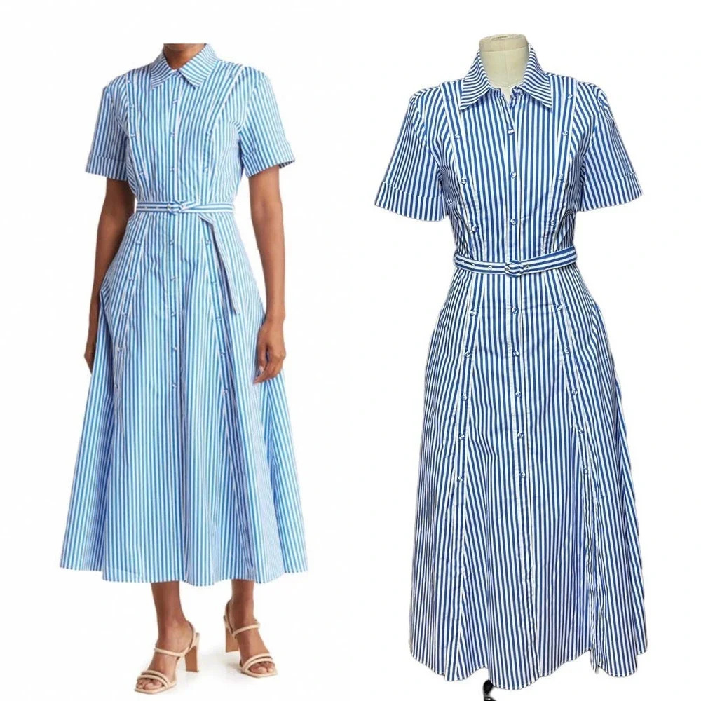 Nicholas Tiana‎ Cotton Shirt Dress In Bengal Stripe Olympic Blue Size US 0